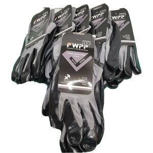 Black Nitrile Coated Work Gloves by FWPP multi use Non Slip, Pack of 6, Large